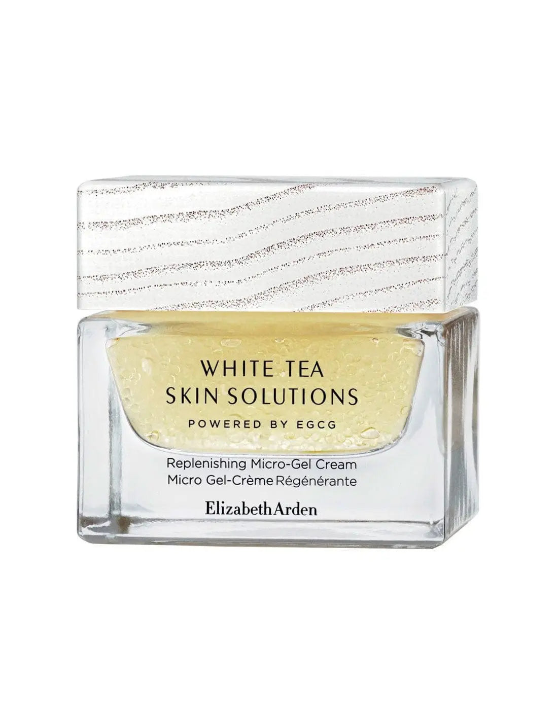 Elizabeth Arden W Tea Solut Replen Micro Gel Cr 50 jar, hydrating skincare product with a sleek container, displayed on a neutral background.