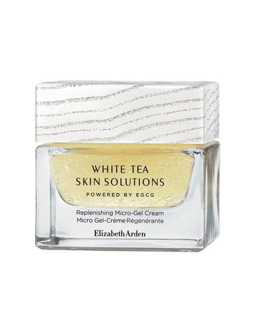 Elizabeth Arden W Tea Solut Replen Micro Gel Cream jar, skincare product with teal and white packaging, on a clean background.