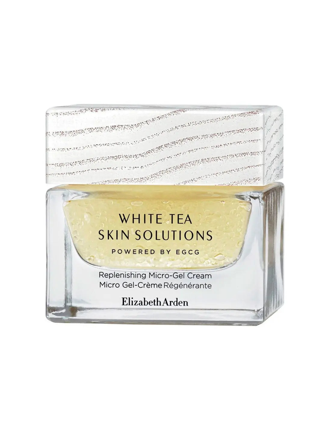 Elizabeth Arden W Tea Solut Replen Micro Gel Cr 50 jar, skincare product with light texture, displayed with its packaging.