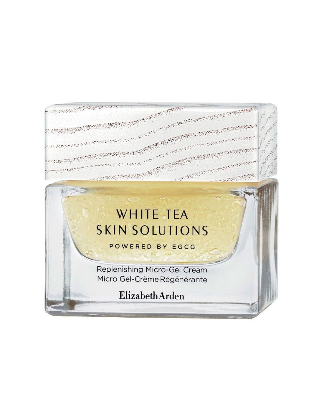 Elizabeth Arden W Tea Solut Replen Micro Gel Cr 50 jar, skincare product with a sleek container, displayed on a neutral background.