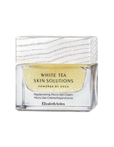 Elizabeth Arden W Tea Solut Replen Micro Gel Cr 50 jar, skincare product with a sleek container, displayed on a neutral background.