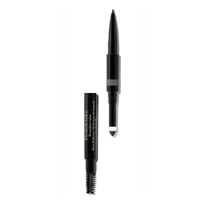 Elizabeth Arden Beautiful Color 3-in-1 Eye & Brow Pencil in Soft Black, with a sleek black cap and product packaging.