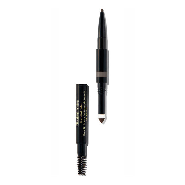 Elizabeth Arden Beautiful Color 3-in-1 Eye Brow in Soft Black by Jag Couture London, featuring a brow pencil and brush in a sleek design