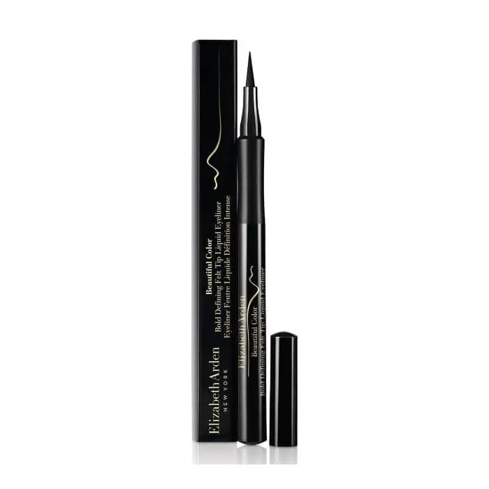 Black liquid eyeliner with a felt tip from Elizabeth Arden's Beautiful Color Bold Defining line, shown in a sleek product image.