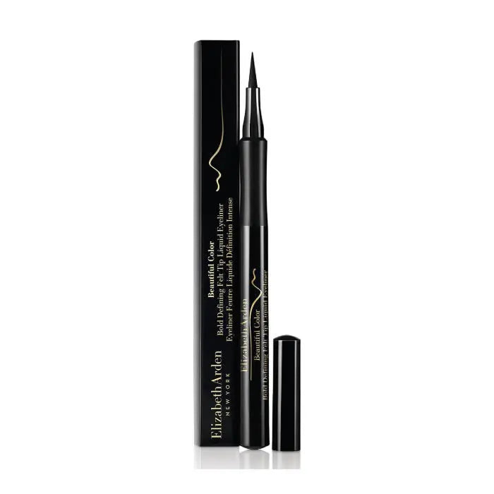 Black Elizabeth Arden Beautiful Color Bold Defining Felt Tip Liquid Eyeliner with precise applicator, designed for bold eye definition.