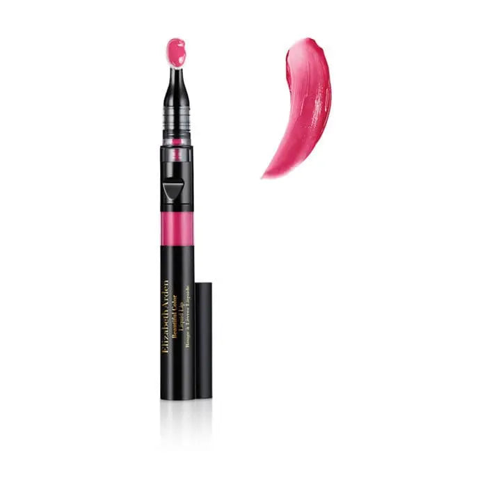 Elizabeth Arden Beautiful Color Bold Liquid Lipstick in shade 02 Pretty Obsessed, with a vibrant liquid lipstick swatch.