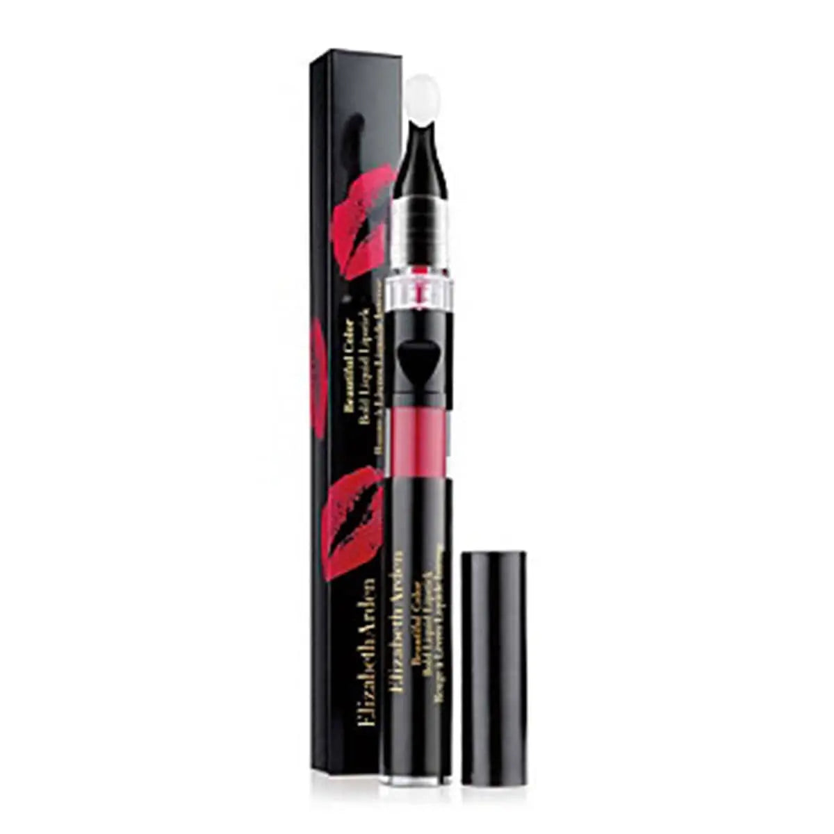 Elizabeth Arden Beautiful Color Bold Liquid Lipstick in Seductive Magenta, displayed on a model with vibrant pink lips.