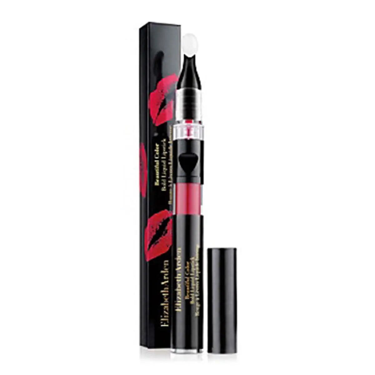 Elizabeth Arden Beautiful Color Bold Liquid Lipstick in Seductive Magenta, showcasing vibrant lipstick swatch on a model's lips