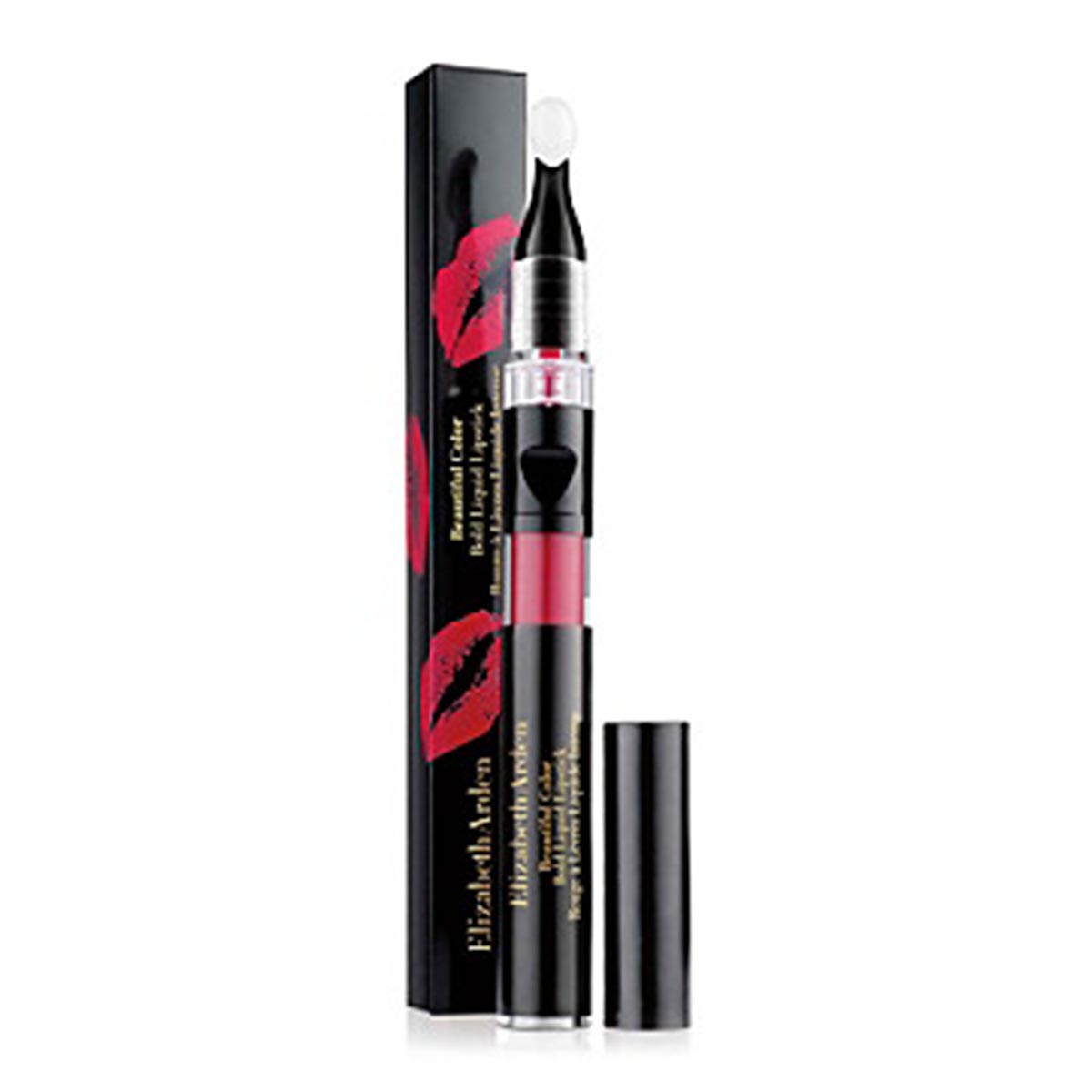 Jag Couture London New York Elizabeth Arden Beautiful Color Bold Liquid Lipstick in Seductive Magenta, showing vibrant lipstick tube and applicator.