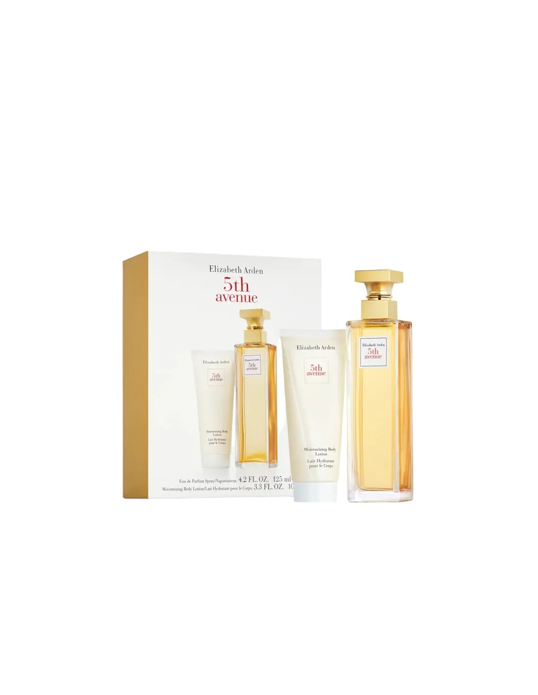 Elizabeth Arden 5th Avenue Eau de Parfum 125ml bottle with body spray, featuring elegant packaging and classic fragrance design.