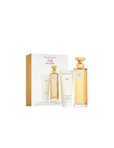Elizabeth Arden 5th Avenue Eau de Parfum 125ml bottle with body spray, featuring elegant packaging and classic fragrance design.