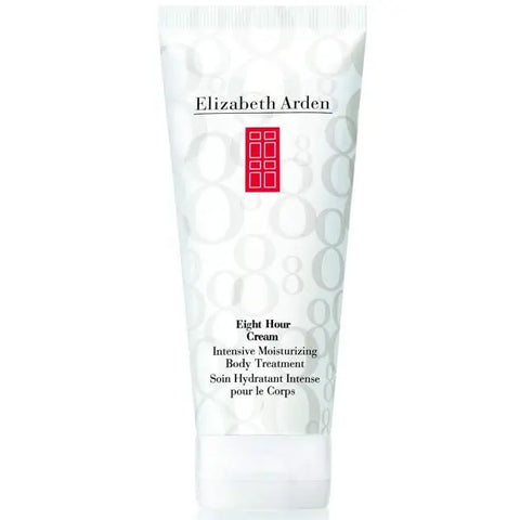 Elizabeth Arden Eight Hour Body Cream in 200ml jar, suitable for all skin types, displayed in a sleek container with a white lid.