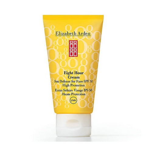 Elizabeth Arden Eight Hour Cream Sun Defense for Face SPF50 in 50ml, featuring the cream's packaging and applicator.
