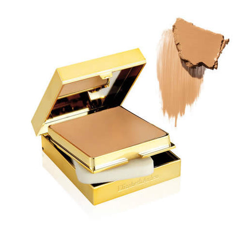 Elizabeth Arden Flawless Finish Sponge-On Cream Makeup in shade 406 Toasty Beige, with a beige sponge applicator.