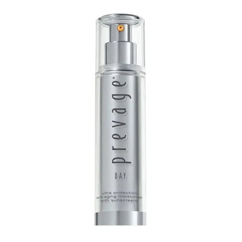 Elizabeth Arden Prevage Day Anti-Aging Moisturizer with SPF30 in a 50ml jar, shown with smooth, hydrated skin.