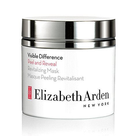 Elizabeth Arden Visible Difference Peel and Reveal Revitalizing Mask in 50ml jar, shown with smooth, glowing skin and skincare packaging.