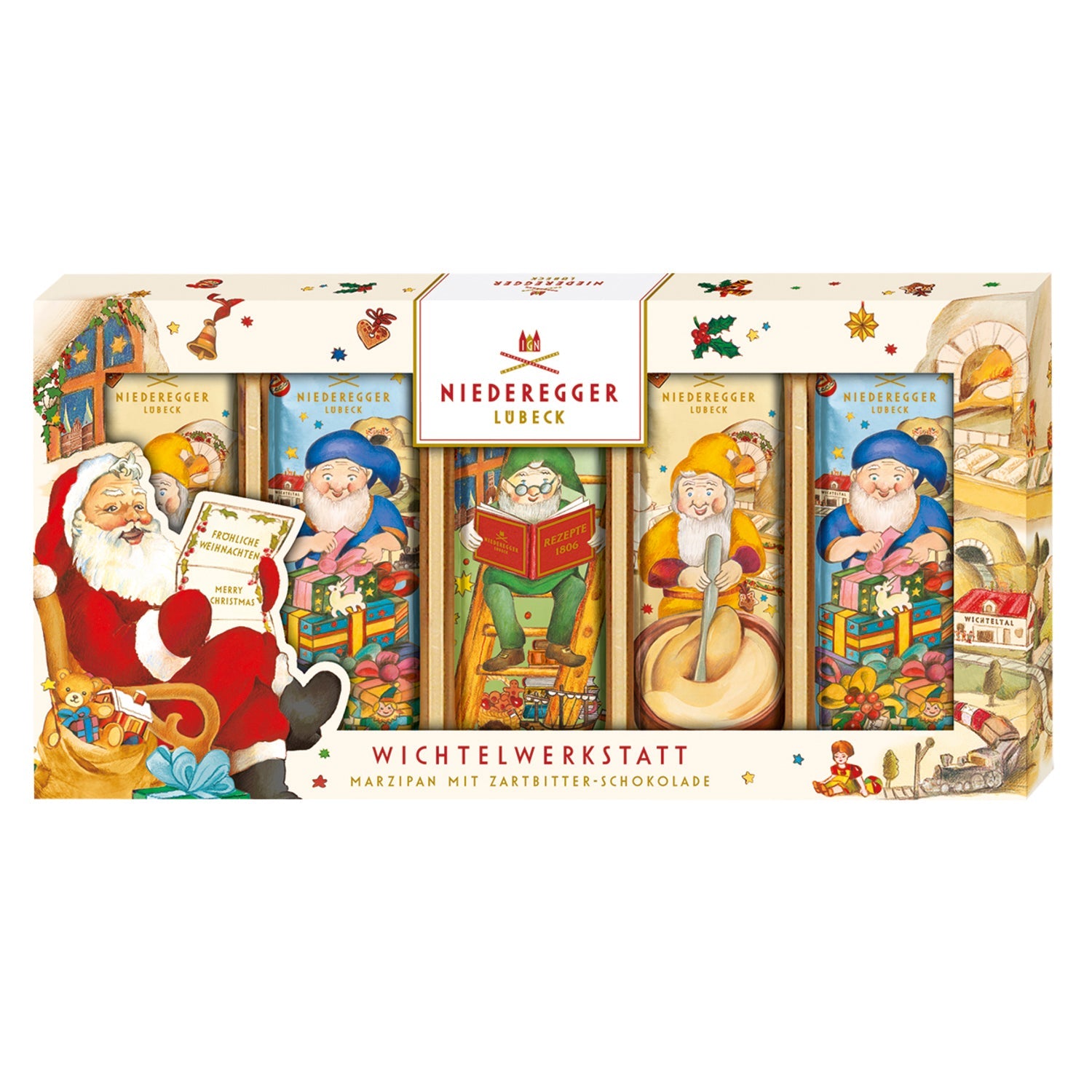 Chocolate-covered marzipan bars from Elves' Workshop by Jag Couture London New York, displayed on a festive plate.
