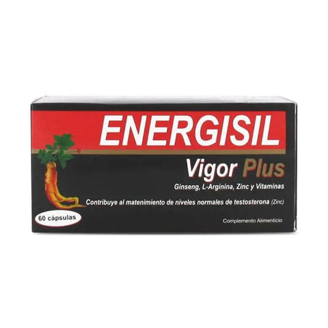 Energisil Vigor Plus 60 capsules by Jag Couture London New York, showing the supplement bottle with label and capsules inside.