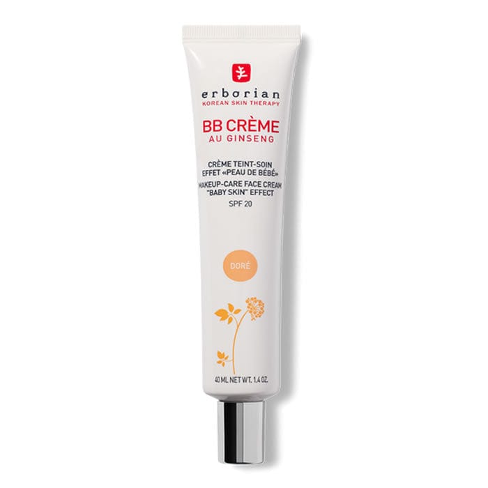 Erborian BB Crème Au Ginseng Doré SPF20 in 40ml tube, featuring golden finish and skincare benefits, displayed on a neutral background.