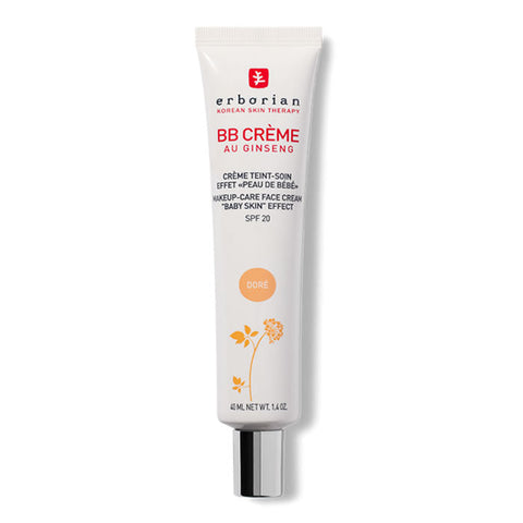 Erborian BB Crème au Ginseng Doré SPF20 in 40ml tube, showcasing the golden tinted cream and sleek packaging.