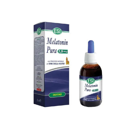 Esi Melatonin Pure 1.9 mg with Erbe Note in a 50ml bottle, from Jag Couture London New York, shown in a clear glass container.