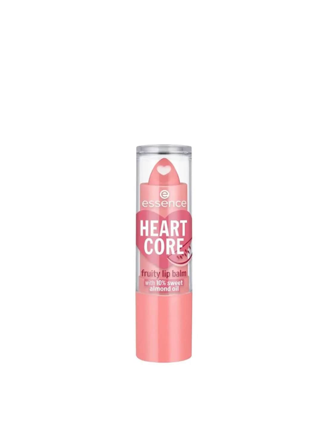 Essence Cosmetics Heart Core Fruity Lip Balm in Wild Watermelon, 3g, featuring a heart-shaped design and vibrant watermelon flavor.