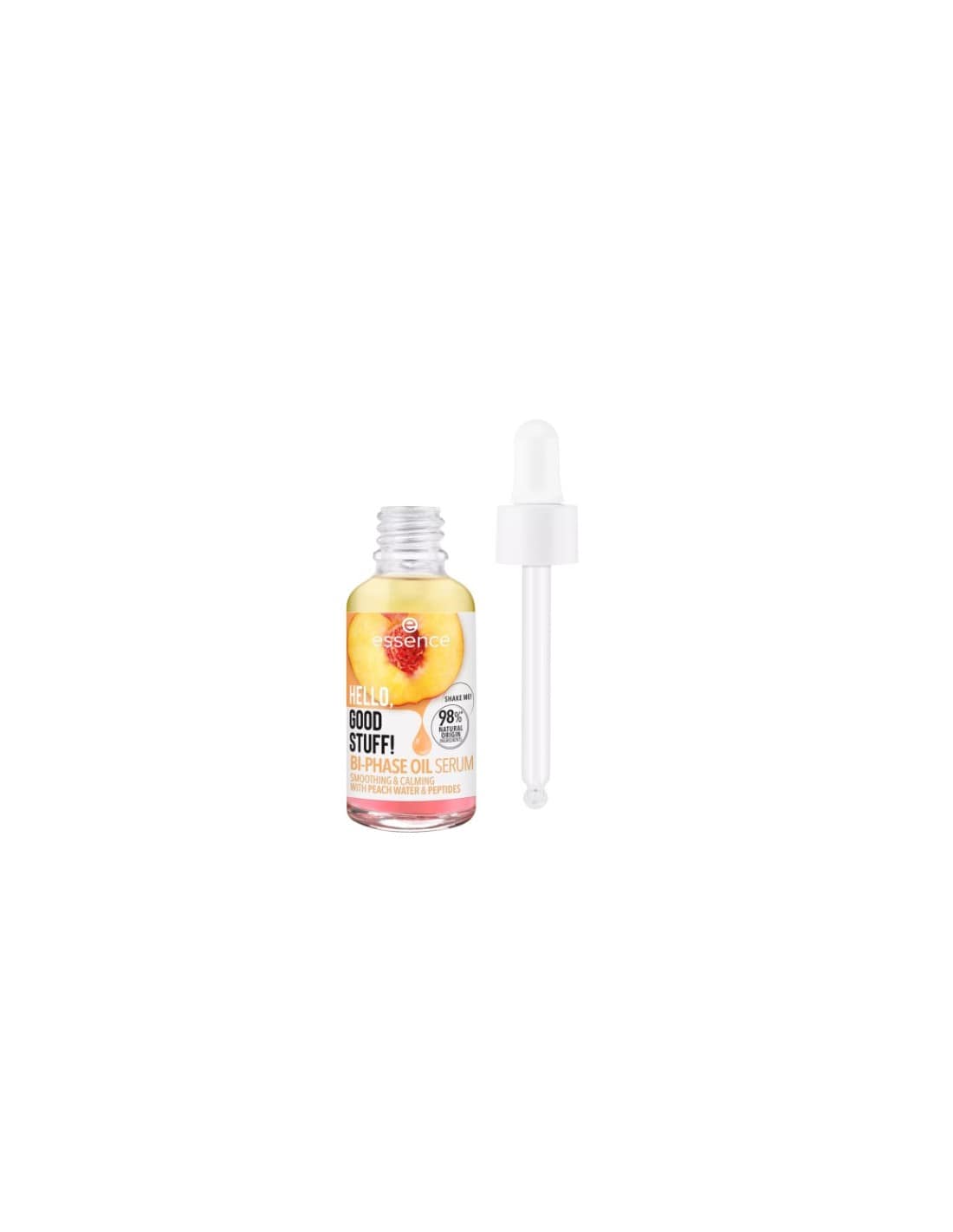 Essence Cosmetics Hello, Good Stuff! Bifacial Oil Serum in 30ml bottle, displayed with minimalist packaging and dropper applicator.