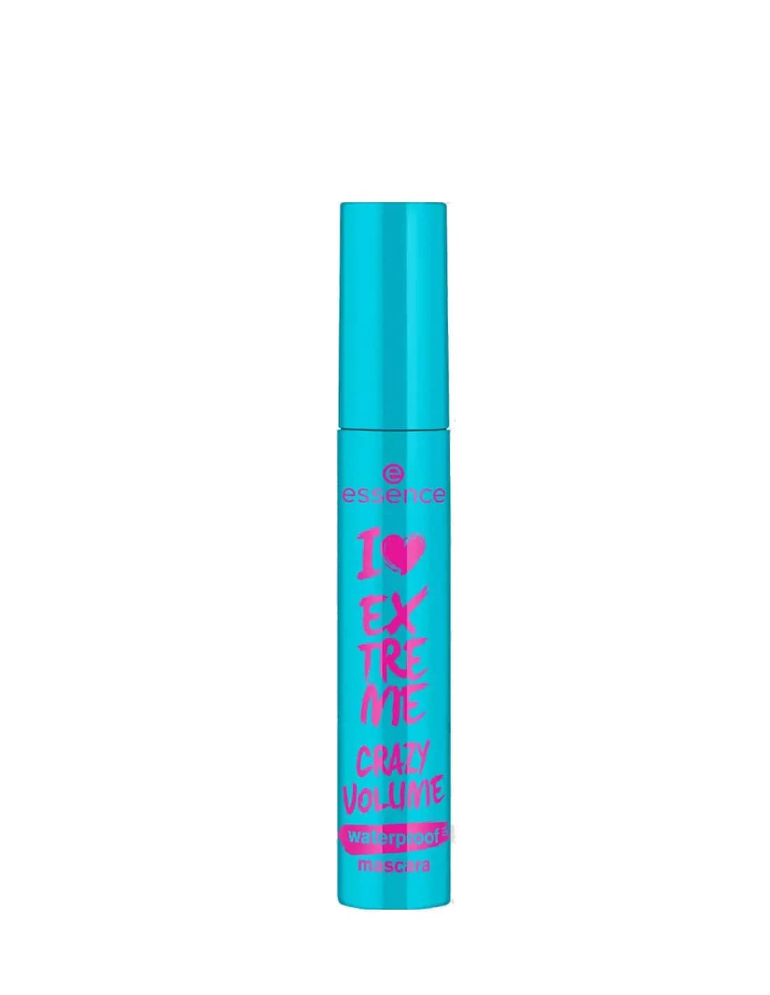 Black waterproof mascara from Essence Cosmetics, I Love Extreme Crazy Volume mascara tube with a brush applicator.