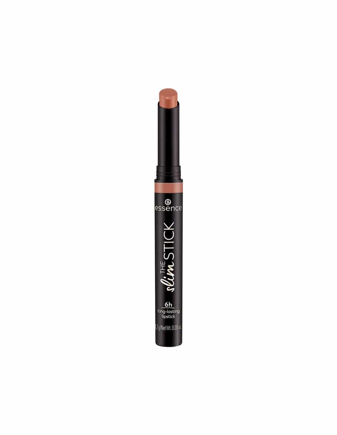 Lipstick stick from Essence Cosmetics The Slim Line in shade 101 Choc-O-Holic, featuring a sleek black packaging with the product visible.