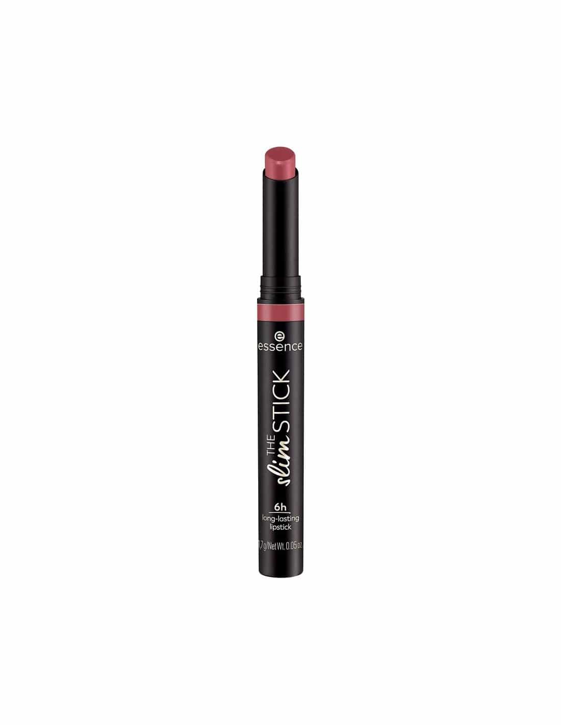 Essence Cosmetics The Slim Stick long-lasting lipstick in Velvet Punch shade, 1.7g, with a sleek black tube and vibrant color.