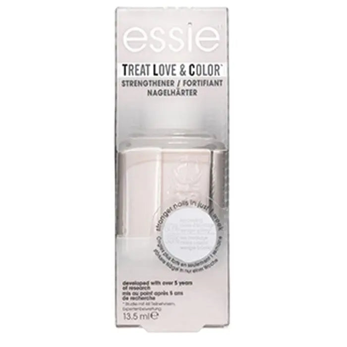 Essie Love & Color Strengthener in Nude Mood, a 13.5ml bottle, displayed in a sleek packaging with a soft nude shade.