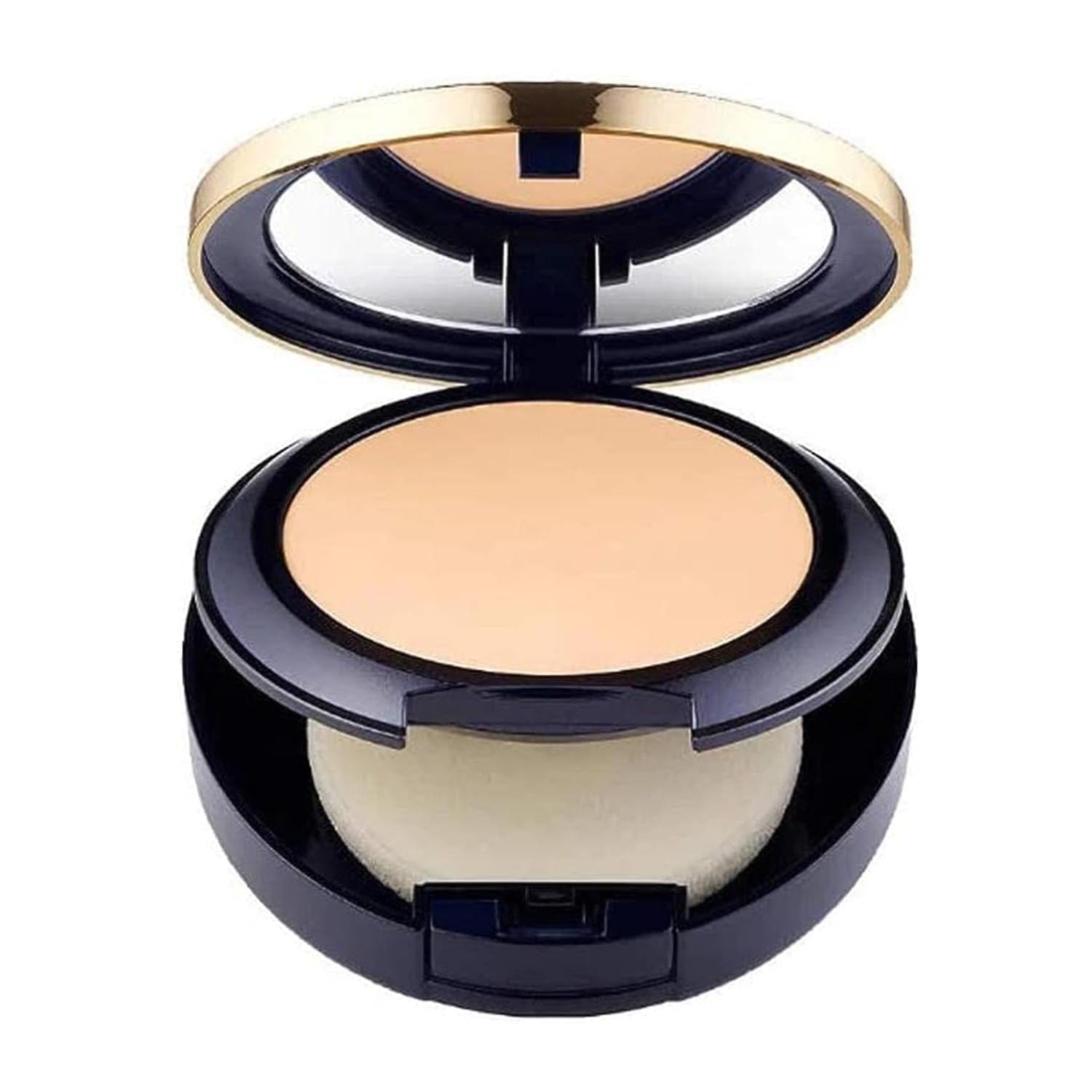 Estée Lauder Double Wear Matte Powder Foundation in Ivory Beige, with SPF 10, on a clean makeup display.