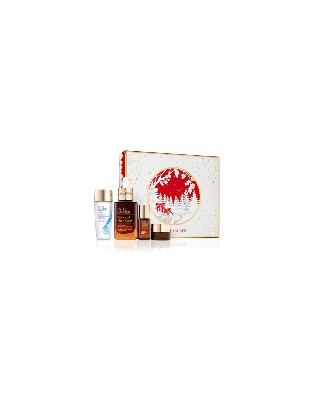 Estée Lauder Advanced Night Serum, Micro Essence, Eye Contour Concentrate in 50ml, 30ml, and 5ml bottles, displayed on a neutral background.
