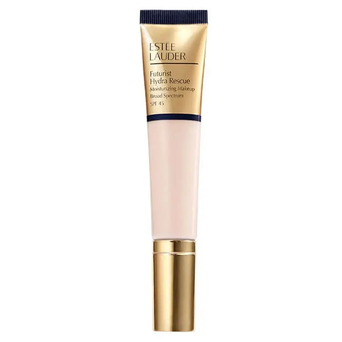 Estee Lauder Futurist Hydra Rescue SPF45 Porcelain foundation in 35ml bottle, featuring a sleek packaging and smooth texture.