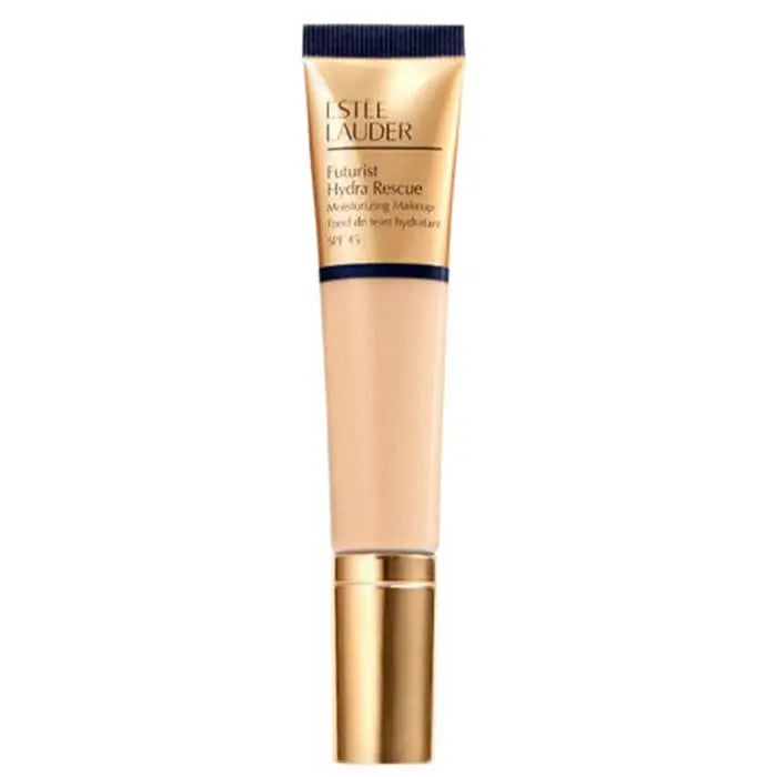 Estee Lauder Futurist Hydra Rescue SPF45 foundation in 1W2 Sand, 35ml bottle with a pump, natural beige skin tone, product packaging.