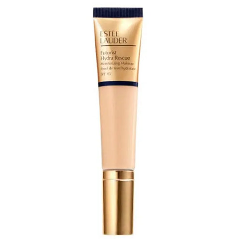 Estee Lauder Futurist Hydra Rescue SPF45 foundation in 1W2 Sand, 35ml bottle with a pump, natural beige skin tone, product packaging.