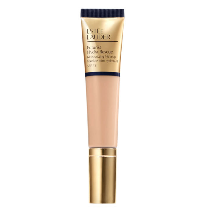 Estee Lauder Futurist Hydra Rescue SPF 45 3-in-1 Ivory Beige foundation in 35ml container, with sleek packaging and product details visible.