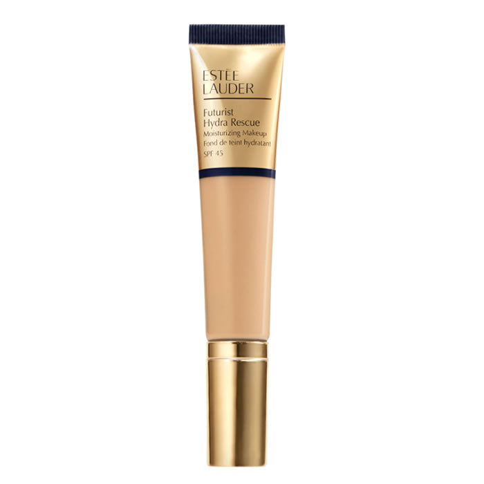 Estee Lauder Futurist Hydra Rescue SPF45 3-in-1 Tawny foundation in 35ml bottle, with a sleek packaging and product label visible.