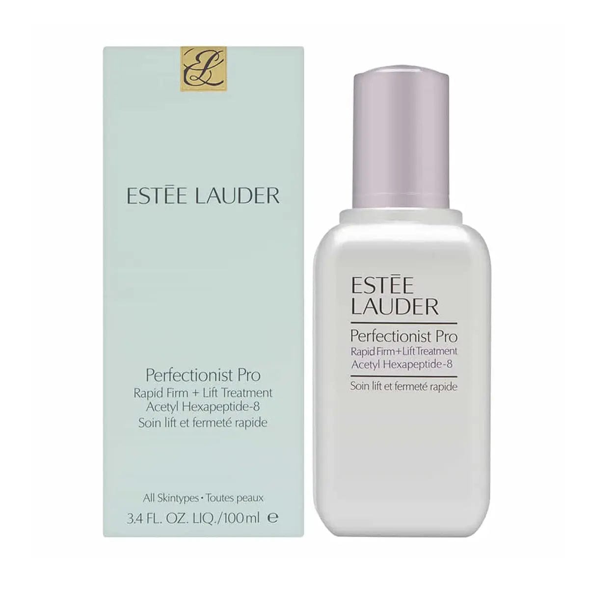 Estée Lauder Perfectionist Pro Rapid Firm Lift Treatment 100ml bottle, skincare product with sleek packaging and pump dispenser.