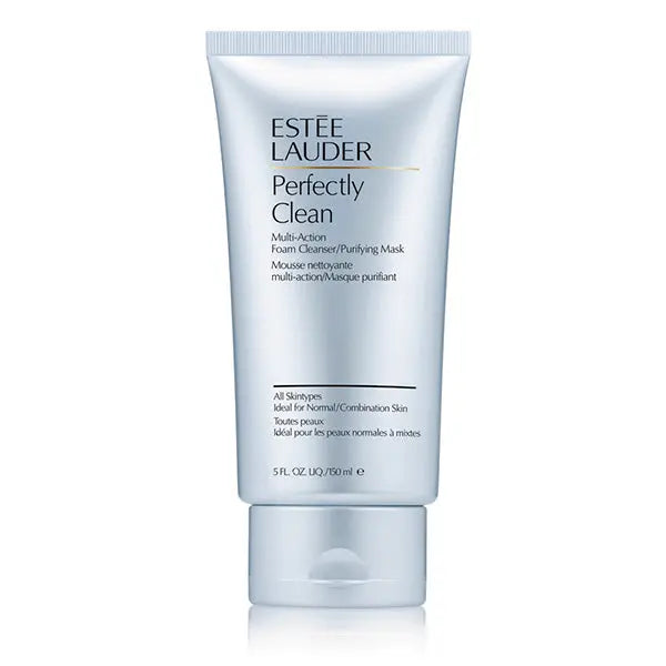 Estee Lauder Perfectly Clean Foam Cleanser 150ml in a white bottle with a pump, displayed on a clean background.