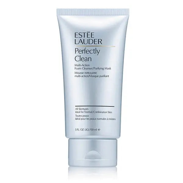 Estee Lauder Perfectly Clean Foam Cleanser in 150ml bottle, shown with sleek white packaging and branding details.