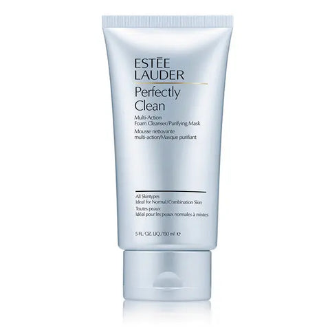 Estee Lauder Perfectly Clean Foam Cleanser 150ml, in a white bottle with a pump, shown on a clean bathroom surface.