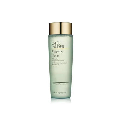 Estee Lauder Perfectly Clean Multi-Action Toning Lotion-Refiner in 200ml bottle, skincare product with clear liquid and pump dispenser.