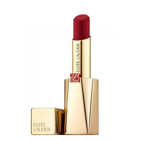 Estee Lauder Pure Color Desire Matte Lipstick in shade 314 Lead On, featuring a sleek tube and vibrant lipstick color.