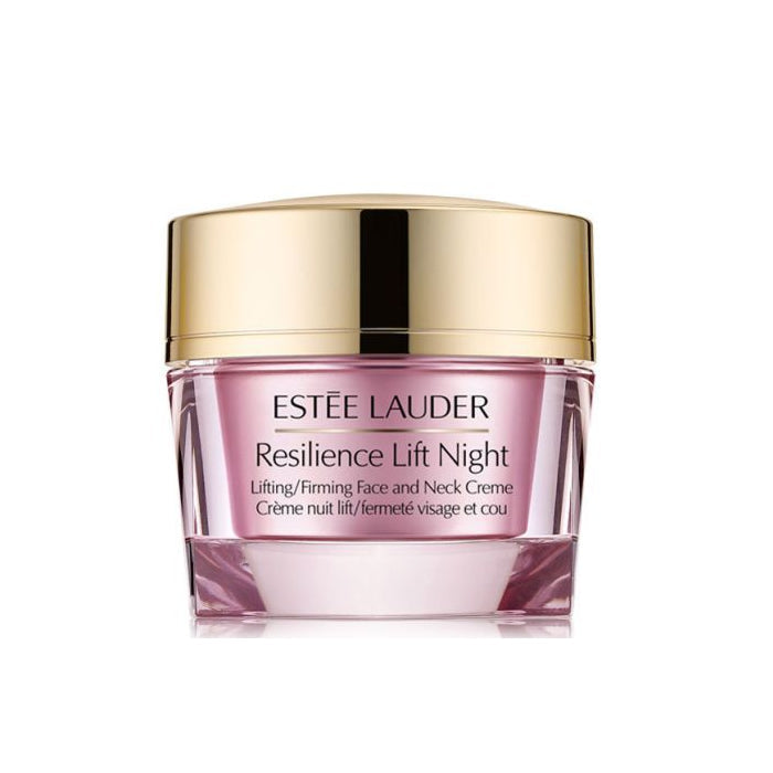 Estee Lauder Resilience Lift Night firming face and neck cream in 50ml jar, shown in a sleek container.