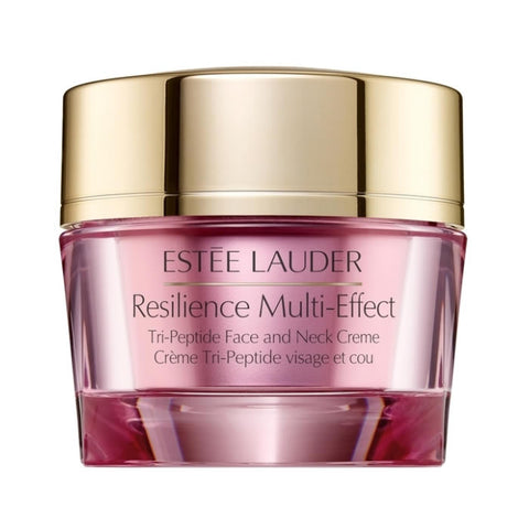 Estée Lauder Resilience Multi-Effect Tri-Peptide face and neck cream for dry skin in a 50ml jar, displayed with product packaging and cream.