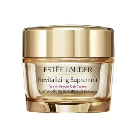 Estée Lauder Revitalizing Supreme Global Anti-Aging Soft Cream in 50ml jar, shown with elegant packaging and smooth cream texture.