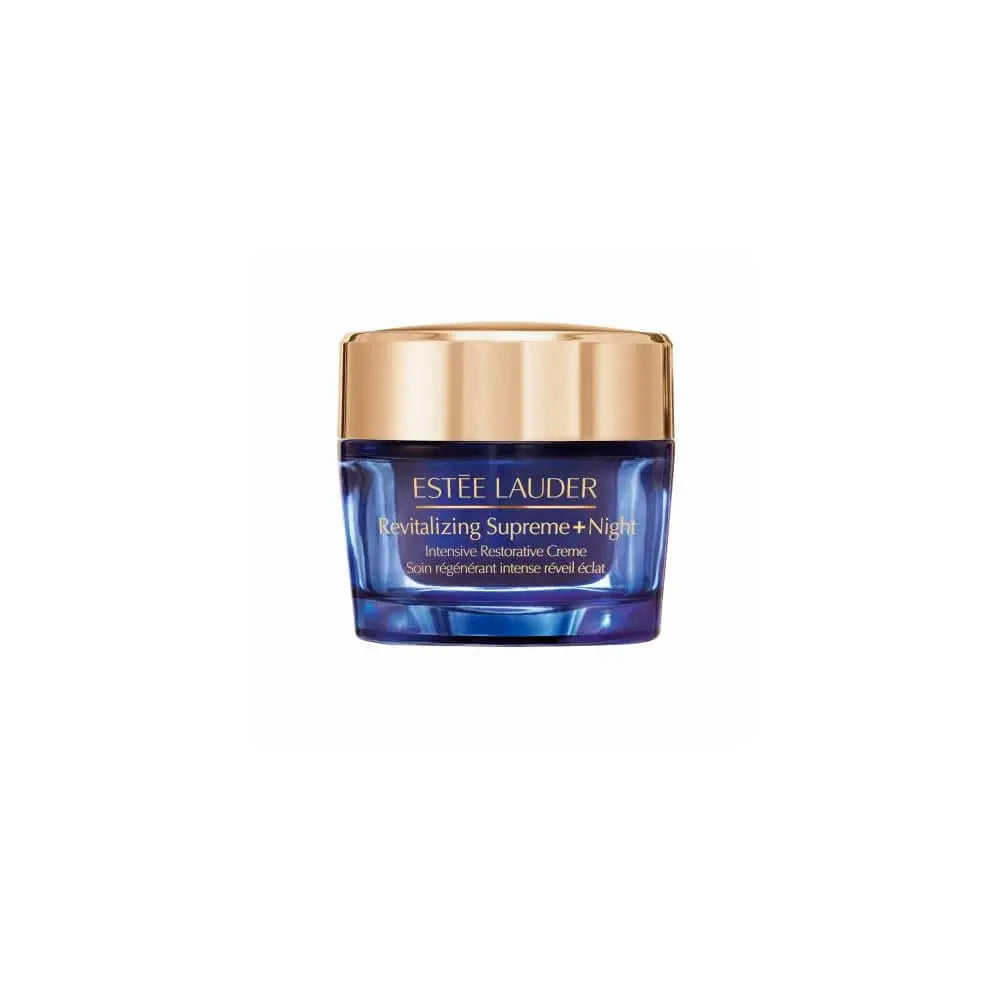 Estée Lauder Revitalizing Supreme Night cream jar with gold lid, showcasing luxurious skincare packaging.