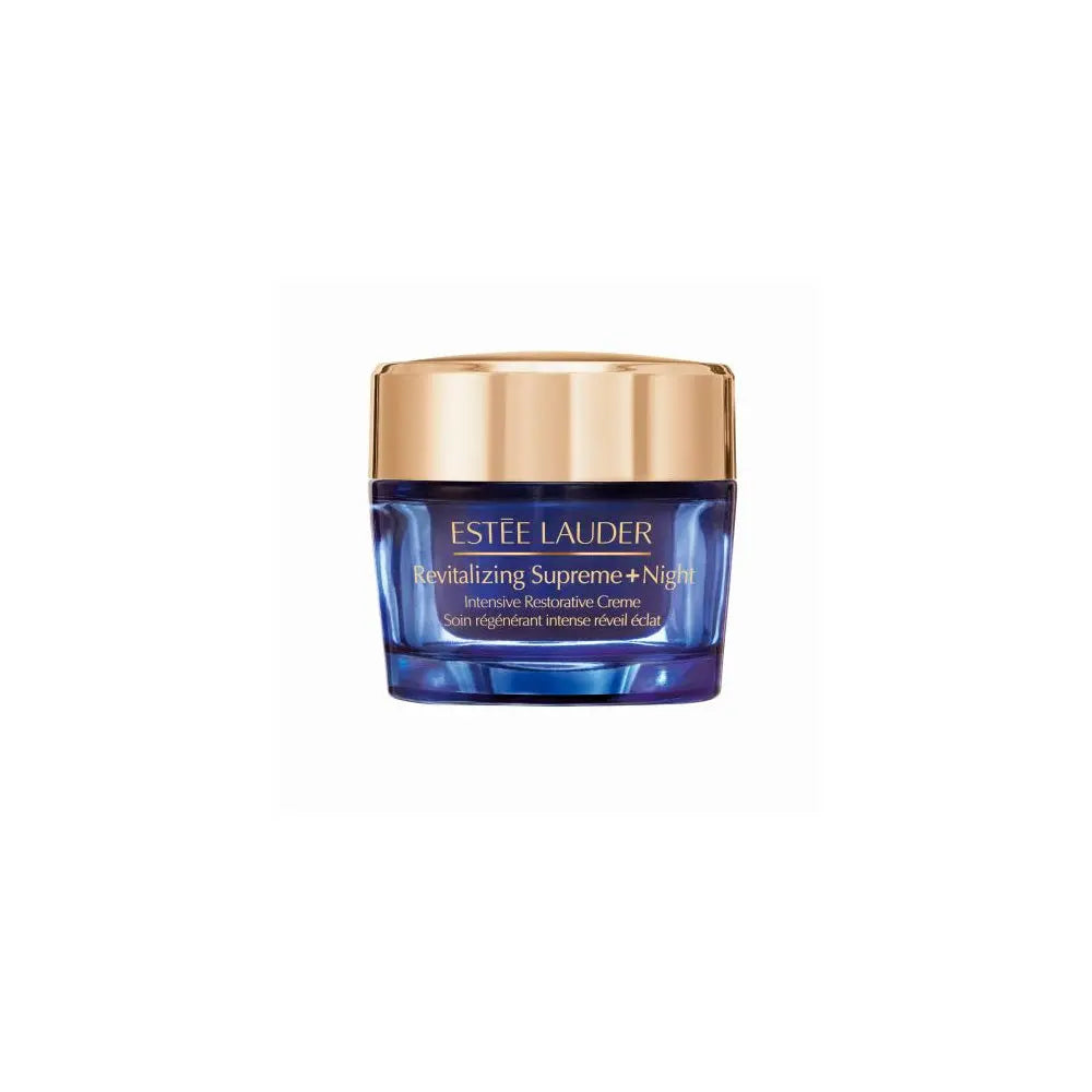 Estée Lauder Revitalizing Supreme Night Intensive Restorative Cream jar with gold lid, designed for skin renewal and hydration.