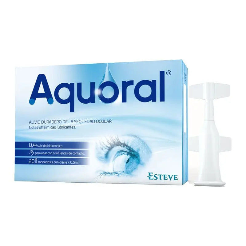 Esteve Aquoral eye drops in a single-dose 0.5ml container, designed for eye hydration and relief, by Jag Couture London New York.